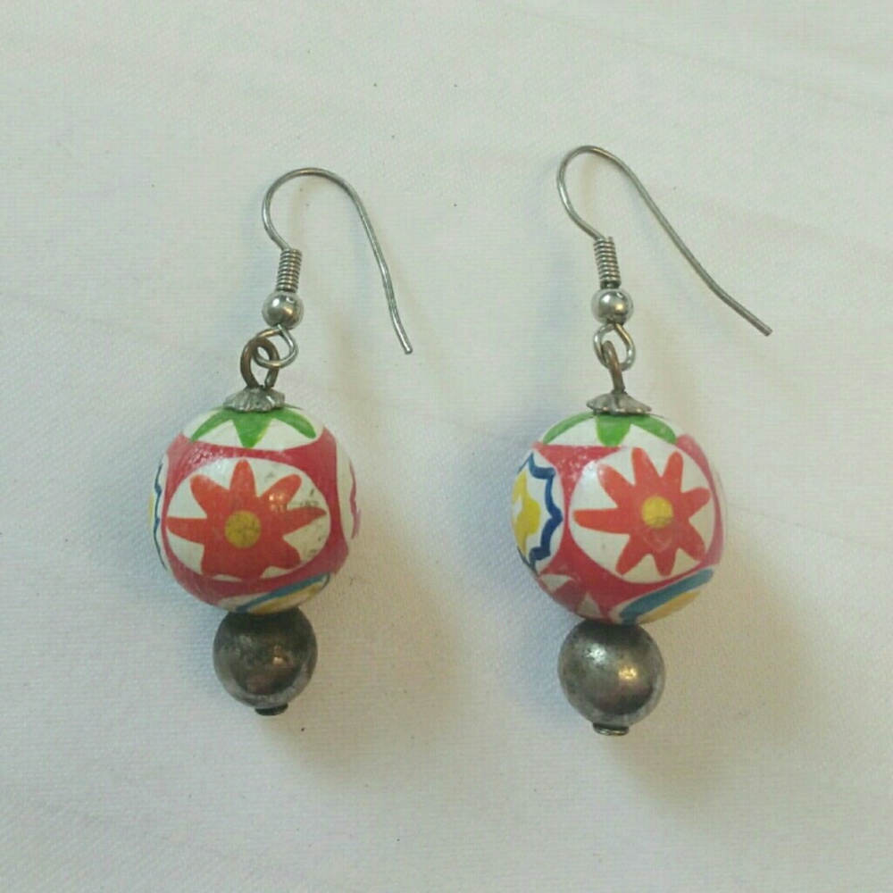 Painted, wooden dangling earrings